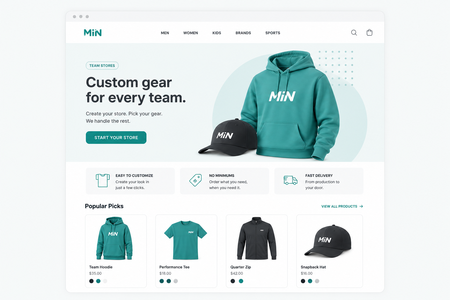 Team store mockup built with the Merch It Now drag-and-drop Store Builder